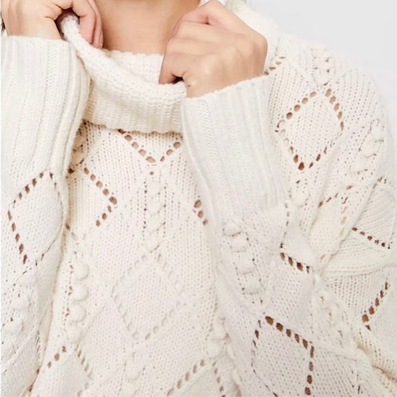 LOFT Wool Blend Turtleneck Chunky Pointelle Knit Oversized Cozy Bobble Sweater S - Picture 6 of 9